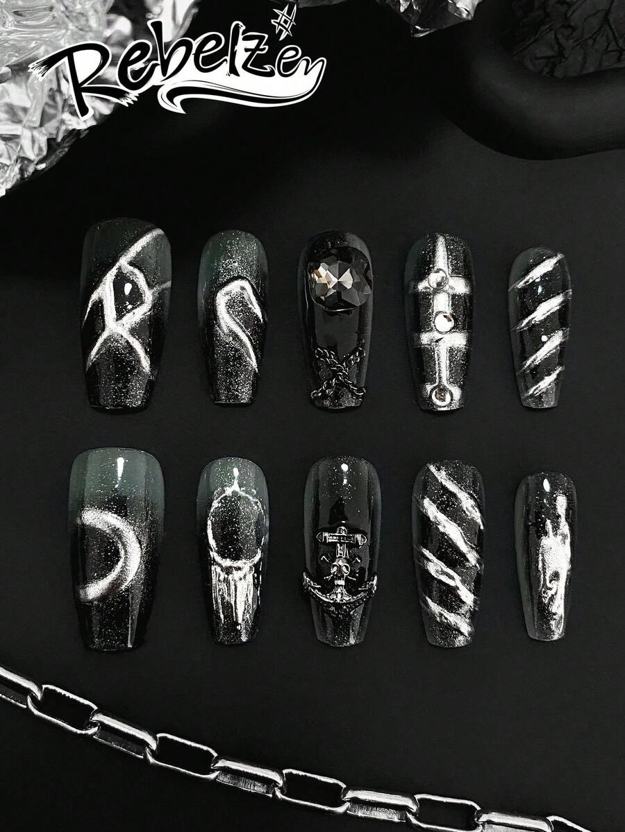 10 adesivos de unhas artesanais, unhas postiças, acessórios para unhas, formato de caixão, desenhos pintados à mão e em relevo 3D como cruz, caveira, lua, olhos, decoração com strass, base preta com glitter e detalhes prateados, ideais para estilos gótico, punk, subculturas, festas e uso diário. Acompanha cola e lixa de unha. Ótimo para o Dia das Mães, formatura e férias. - Preto - Ver 1