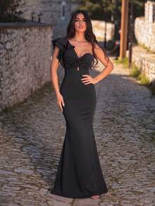 Faeriesty Vestido largo de mujer elegante y romántico de tela de punto morada sin mangas con cuello asimétrico y detalle de volante exagerado en estilo de cola de sirena - Negro - Ver 2