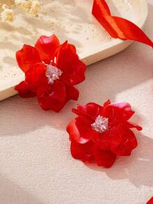 1 Pair Exaggerated Retro Elegant Acrylic Rhinestone Flower Earrings, Suitable For Beach, Party, Banquet And Daily Wear - Red - View 11