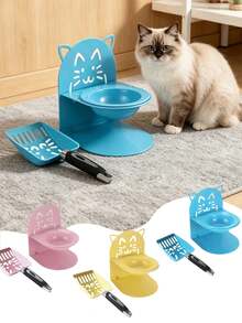 2 件套猫砂铲 + 猫食碗/1 件套不锈钢猫砂铲/1 件套可拆卸猫食碗，仿马桶造型食碗，颈椎保护，防溢漏猫狗食水碗，以及清洁猫砂勺（蓝/黄/粉） - 400毫升 - 查看 1