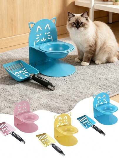 2 Pieces Cat Litter Shovel +Cat Meal Bowl/1PC Set Stainless Steel Cat Litter Shovel/1PC Set Detachable Cat Meal Bowl, Imitation Toilet-Shaped Meal Bowl, Cervical Spine Protection, Anti-Spilling Food And Water Bowl For Cats And Dogs, And Cleaning Cat Litter Spoon (Blue/Yellow/Pink)