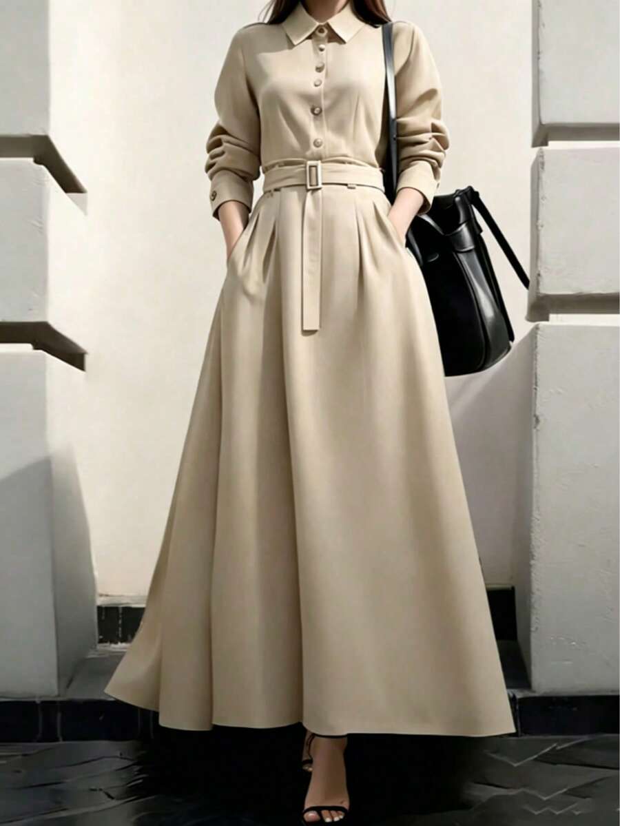 Solid Color Elegant Front Button Pocket Belt Dress, Suitable For Office Spring - Apricot - View 1