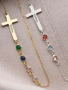 Collier croix personnalisé avec pierre de naissance, croix latérale personnalisée avec pierre de naissance, collier pour femme, collier en or exquis, bijoux de famille personnalisés avec pierre de naissance, cadeau significatif pour la mère - Multicolore - Voir 4
