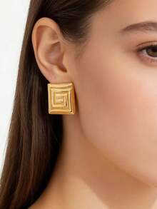 1 Pair Fashionable Geometric Asymmetrical Square Textured Earrings, Versatile For Women's Daily, Party, Gift - Yellow Gold - View 1