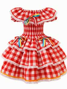 Children's And Teens' Country-Style Dress For June Festivals, Traditional Square Dances, Saint John's Day, Borboletinhas Kids - 紅色格子 - 查看 3