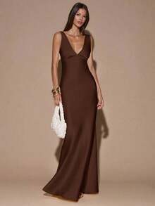 Vestido de tirantes con escote en V profundo y espalda descubierta, de unicolor amarillo/crema, estilo minimalista y sexy, adecuado para fiestas, eventos de cóctel, ocasiones formales, vestidos de dama de honor, vestidos de cumpleaños, vestido de satén amarillo, Navidad, banquetes, casual de negocios - Café integral - Ver 4