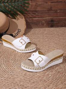 Sandales compensées d'été pour femmes, style bohème, boucle de décoration métallique de haute qualité, semelle intérieure en lin confortable et antidérapante, mules à plateforme ouverte décontractées, sandales compensées tressées en chanvre à la mode, convenant pour la plage et le port quotidien - Blanc - Voir 3