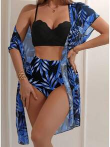 Custom Maple Leaf Print High-Waisted Slimming Bikini Swimsuit And Mesh Jacket. - Black and Blue - View 1
