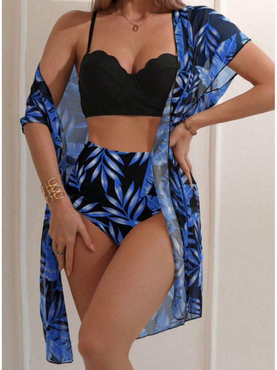 Custom Maple Leaf Print High-Waisted Slimming Bikini Swimsuit And Mesh Jacket. - Black and Blue - View 1