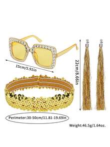 3pcs Disco Glitter Party Outfit Set: Sequin Headband + Rhinestone Sunglasses + Tassel Clip-On Earrings, Suitable For Cosplay, Halloween Party, And Daily Gatherings - Multicolor - View 11