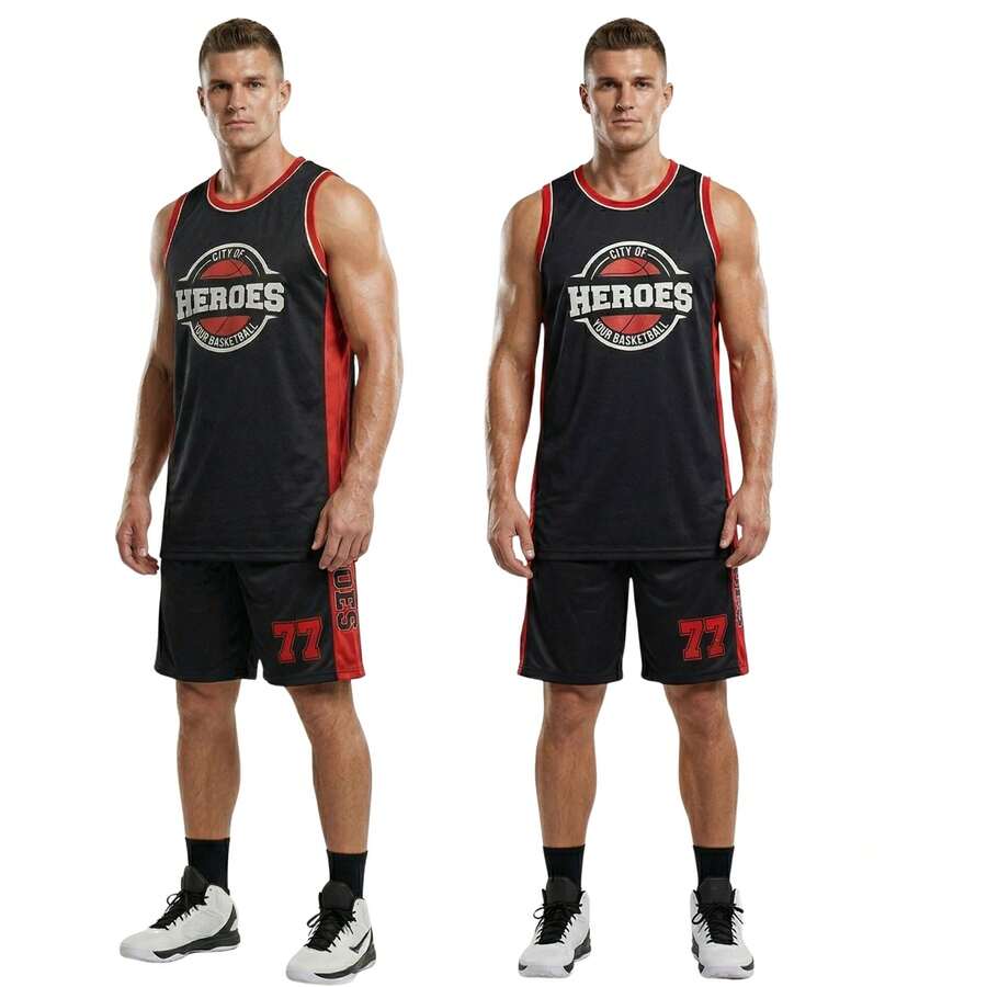 Men's Adult Sports Set: T-Shirt With Basketball Shorts - Black and Red Heroes - View 1