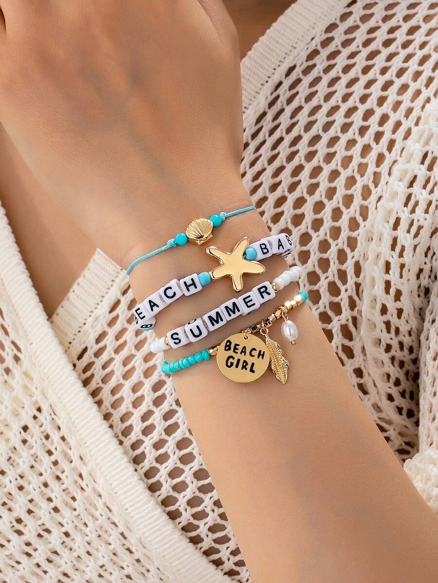 4pcs/Set Handmade Bohemian Style Beaded Bracelet Set, Ocean Themed Elastic Bracelets, Holiday Jewelry Accessories Gift For Women - Multicolor - View 1