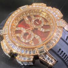 New Men's Special Red Dial Quartz Watch, Luxury Hip Hop Streetwear, Multi-Function Rubber Strap Watch With Synthetic Diamonds, Unisex Wristwatch - Black - View 3