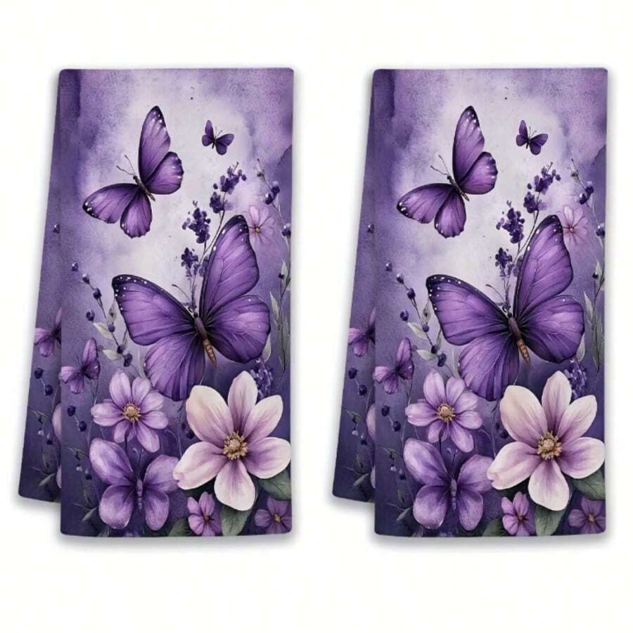2条紫色蝴蝶花卉图案印花毛巾，现代吸水洗碗布，烹饪烘焙茶巾，洗碗布，手巾，超柔软高吸水性，厨房装饰，送给邻居/妈妈/生日礼物，乔迁礼物，厨房配件，家居必备 - 紫色 - 查看 1