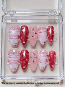 10片装杏仁形假指甲套装：奢华3D立体美甲 - 手工制作，粉色花卉图案、粉色大理石纹理、螺旋纹理和珠光白色饰面，美甲用品手工按压式指甲 - 彩色 - 查看 9