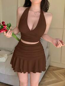 abyoxi Bộ đồ nữ màu nâu gợi cảm gồm áo hai dây cổ chữ V sâu, eo nhún bèo và chân váy ngắn xếp ly đôi, kiểu dáng thanh lịch, giản dị, quyến rũ, thích hợp cho mùa xuân/hè. - màu nâu - Xem 6