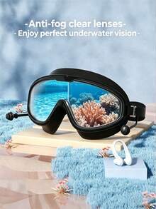 Large Frame Waterproof Anti-Fog Swimming Goggles, Adult Size, With Integrated Earplugs, Comfortable Design, Unisex, Transparent Wide Field Of View, Leak-Proof Seal, UV Protection, Durable Construction, Suitable For Swimming Pool Training And Water Sports - Multicolor - View 8