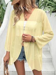EARO Vacation Casual Solid Color Flare Sleeve Sheer Lightweight Jacket - Light Yellow - View 5