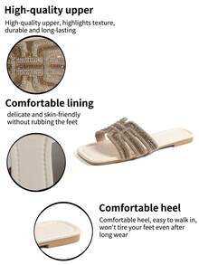 新款宽楦女鞋，水晶装饰拖鞋，休闲凉鞋，平底凉鞋，时尚百搭一脚蹬，适合日常穿着 - 棕色 - 查看 8