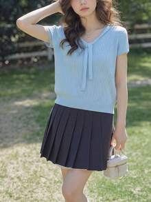 Women's Casual Loose Tie-Front Solid Color Short Sleeve Knit Top, Summer - Baby Blue - View 5