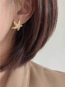 一对精致海星造型合成锆石耳钉，海洋风，适合女性日常佩戴、海滩度假装扮（不含包装盒） - golden - 查看 3