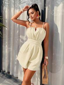 AIJ Amarilo Women's Orange Solid Color Elegant Casual Sexy Adjustable Strap Backless Ruched Romper, Suitable For Summer, Spring, Beach Party, Wedding Guest, Graduation, Holiday - Apricot - View 7