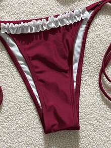 Bộ bikini 2 mảnh màu đỏ rượu vang quyến rũ - Áo ngực có gọng viền ren và quần bơi buộc dây bên hông, lý tưởng cho những kỳ nghỉ sang trọng bên bãi biển và hồ bơi. - Đỏ - Xem 6