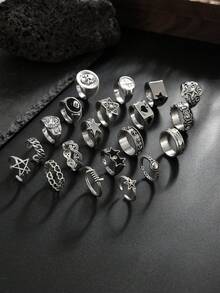 20pcs Y2K Millennium Style Multi-Piece Ring Set, Vintage Silver Star, Skull, Spade Design, Versatile Hiphop Rings For Teenagers And Students - Silver - View 5