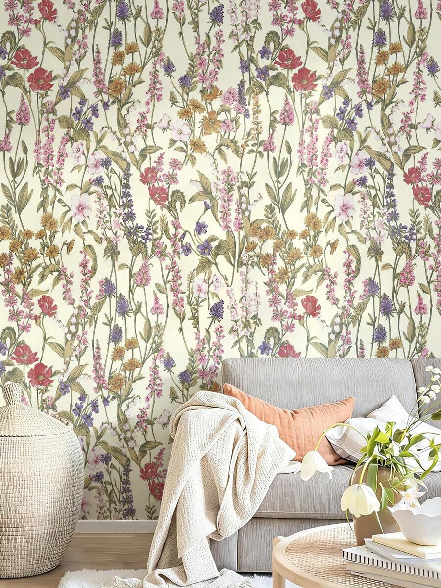 1roll Floral Wallpaper Peel And Stick Boho Wall Paper Removable Waterproof Green Petal Pattern Contact Paper For Bedroom, Bathroom, Home Wall Flower Wallpaper Peel And Stick Self Adhesive Flower Contact Paper Botanical Decor For Bathroom Vinyl - Multicolor - View 1