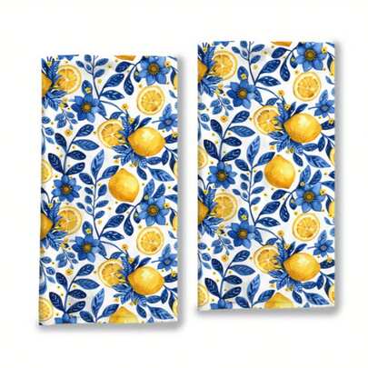 2pcs Blue Lemon Flower Pattern Towels, Modern Absorbent Dishcloth, Cooking Baking Tea Towel, Washing Up Cloth, Hand Towel, Super Soft & Highly Absorbent, Kitchen Decor, Neighbor/Mom/Birthday Gift, Housewarming Present For Friends, Kitchen Accessories, Household Essentials