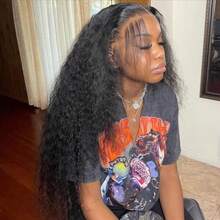 16-32英寸深波浪蕾丝前真人发假发，150%密度，13x6高清透明蕾丝前假发，预先拔毛 - Natural Black - 查看 9