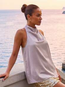 Women's Satin Halter Tank Tops Solid Color Sleeveless Draped High Neckline Vest For Party - Light Grey - View 6