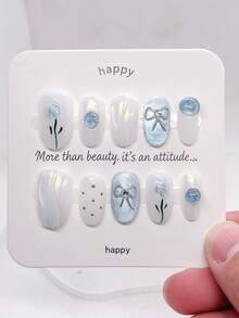 10 piezas de pegatinas de uñas blancas cortas cuadradas y redondas pintadas a mano, uñas postizas acrílicas con patrones florales y de puntos, adecuadas para mujeres y niñas, hechas a mano - Azul y blanco - Ver 7