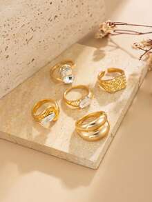 Bộ 5 chiếc nhẫn hở bằng kim loại đính đá hình giọt nước rỗng bất đối xứng hình học sang trọng, thích hợp cho đám cưới, tiệc tùng, kỳ nghỉ, thường ngày, dạo phố, quà tặng sinh nhật cho nữ và các cặp đôi. - nhẫn - Xem 6