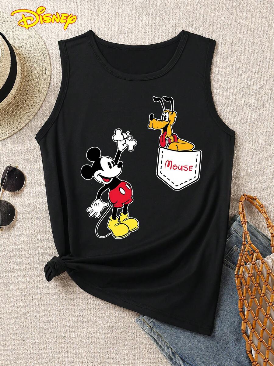 Disney 1 chiếc áo thun không tay in hình chuột Mickey hoạt hình dành cho nữ, cổ tròn, co giãn, phù hợp mặc hàng ngày, chất liệu dễ giặt ủi, áo vest nữ thời trang thường ngày. - màu đen - Xem 1