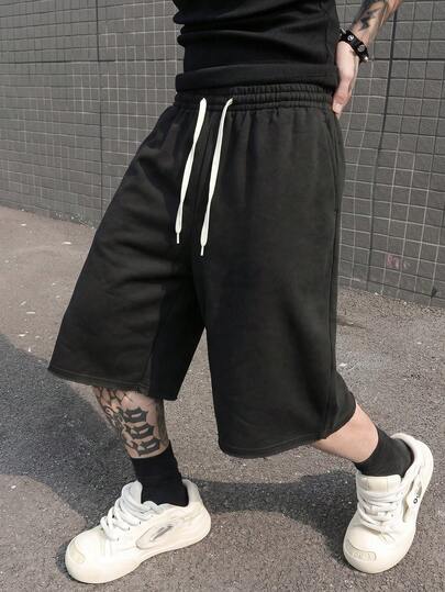  FRACTYR Men's Summer Casual Street Loose Drawstring Frayed Hem Shorts, American Knee-Length Pants