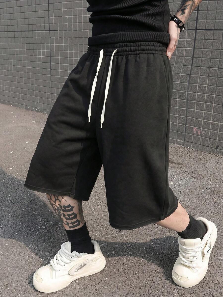 Quần short nam FRACTYR mùa hè, kiểu dáng thường ngày, dáng rộng, có dây rút, gấu quần tua rua, dài đến đầu gối kiểu Mỹ. - màu đen - Xem 1