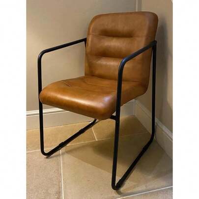 Lounger Or Dining Chair Tan Leather - Industrial Blk Iron Frame - Occasional