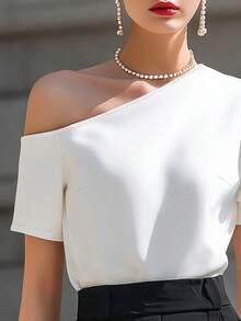 Elegaris Solid Color Elegant Asymmetrical Shoulder Puff Sleeve Blouse Summer Women's Top White - White - View 4