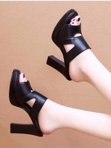 Women's Summer Fashion Black Solid Color High Heel Sandals, Outdoor Casual Slip-On Slippers, Sweet Mother Shoes - Black - View 2