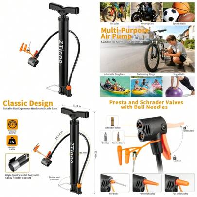 Portable Bike Pump With Dual Presta And Schrader Valves, Ball Needle For Bicycle Tires And Sports Balls