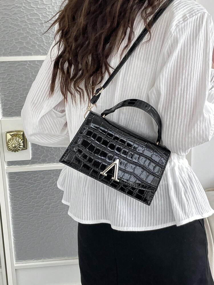 2026 New European And American Stone Texture Letter V-Buckle Shoulder Bag, Women's Fashion Versatile Crossbody Bucket Bag, Luxury Handbag - Black - View 9