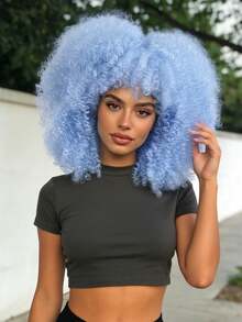 16-Inch Short Curly Afro Kinky Colorful Gradient Wig,Fluffy Synthetic Fiber Wig, Ideal For Daily Wear, Holidays, Birthdays, Parties, And Halloween Costumes Festivals, Costume Parties - 霧霾藍 - 查看 2