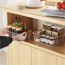 Metal Storage Basket With Wooden Handle, Kitchen Food Storage Metal Wire Basket, Suitable For Pantry, Cabinet, Countertop, Bathroom, Closet, Laundry Room, Can Store Towels, Cosmetics, Toiletries, Snacks, Fruits, Ingredients, Groceries, Handheld With Random Color Wooden Handle - Multicolor - View 6