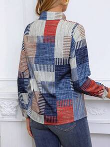 Plus Size Colorblock Button Print Long Sleeve Casual Retro Shirt, Patterned Plaid Front Button Vacation - Multicolor - View 2