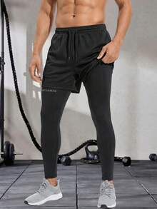 男士透气二合一压缩裤，男士运动裤，吸湿排汗，凉爽透气，适合健身房、锻炼、跑步等运动，可机洗 - 黑色 - 查看 1
