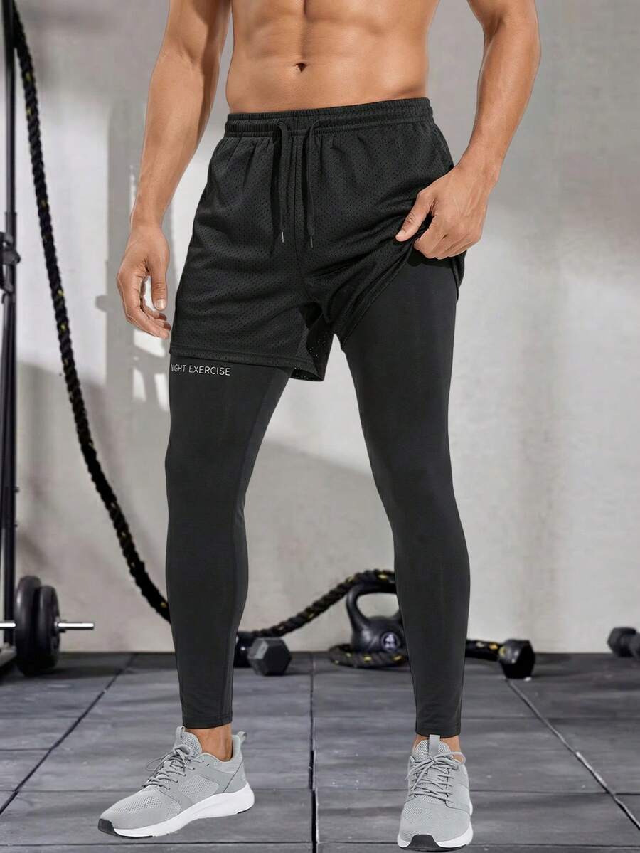 男士透气二合一压缩裤，男士运动裤，吸湿排汗，凉爽透气，适合健身房、锻炼、跑步等运动，可机洗 - 黑色 - 查看 1