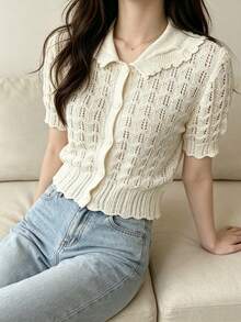 Áo cardigan dệt kim dáng ngắn màu trắng tinh khôi kiểu Hàn Quốc mùa hè dành cho nữ, điểm nhấn khoét rỗng, cổ Peter Pan bèo nhún, tay áo cánh hoa, cài cúc phía trước, kiểu dáng rộng rãi, thoải mái hàng ngày. - Màu be - Xem 4