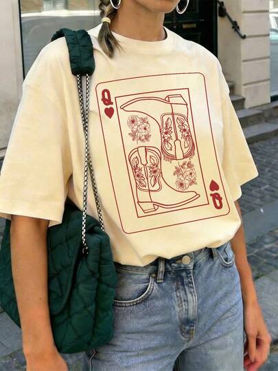 夏季新款休闲百搭时尚简约红心皇后西部牛仔靴图案印花圆领短袖T恤（女款）