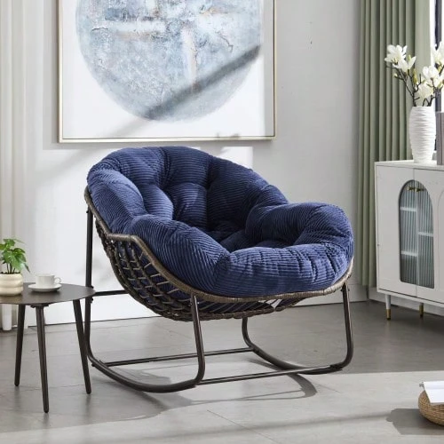 Outdoor Rocking Chair, Extra-Large Egg-Shaped Wicker Rocking Chair For Patio And Garden, Comfortable Indoor/Outdoor Rocking Chair With Thick Cushion, Modern Lounge Chair For Balcony, Porch, Garden, Backyard And Patio - Navy Blue - View 1